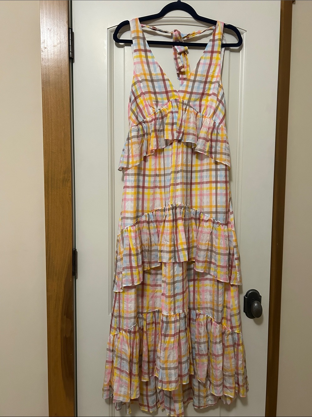 cinq a sept Pink, Yellow & White Plaid Ruffle Tiered High-Low Dress